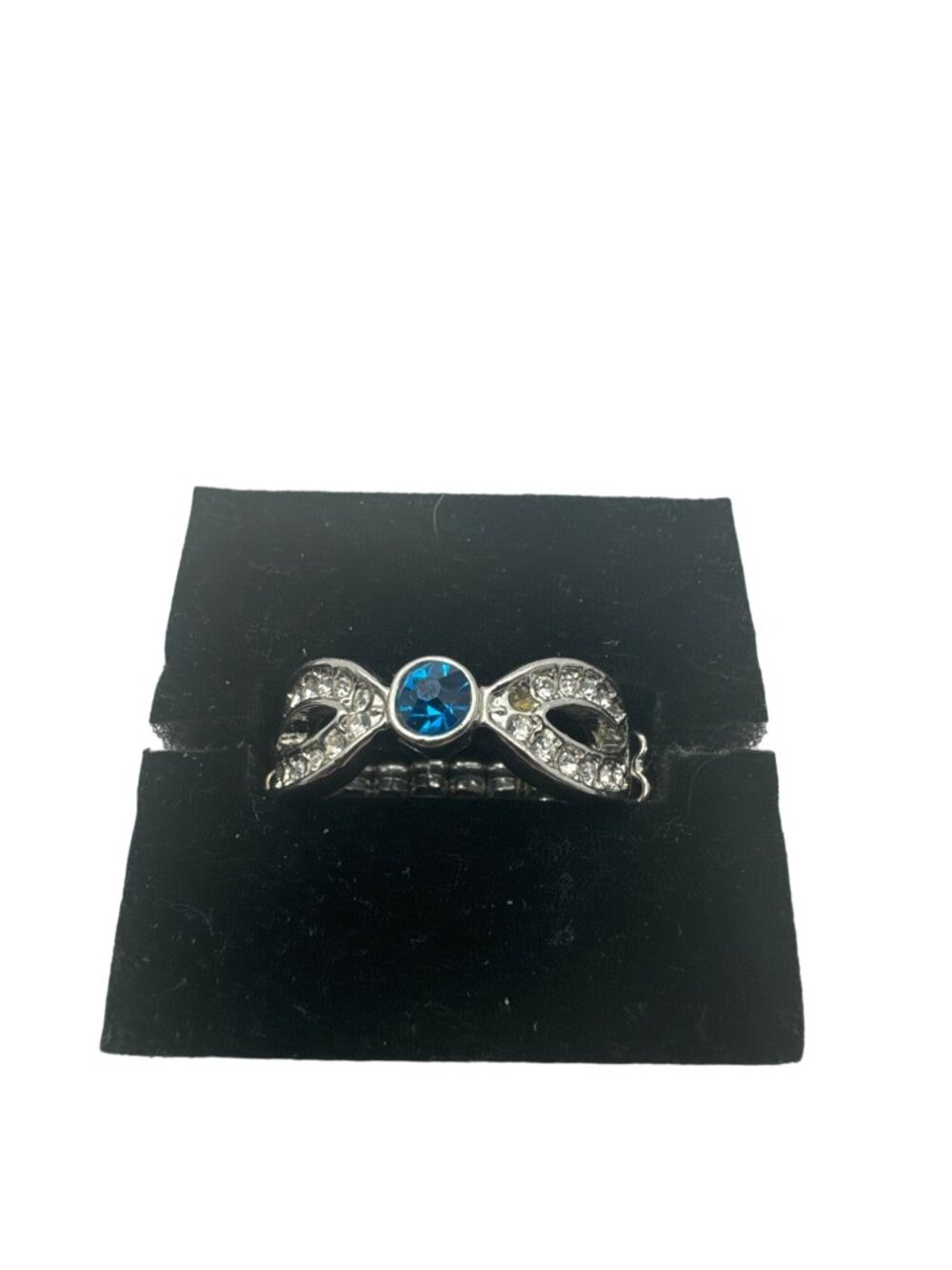 Silver Tone Infinity Ring With Blue Gemstone & Clear Crystals